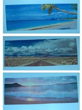3 Sets of 101 Cardboard Piece Jigsaw Puzzles: Island, Road Trip, Sunset
